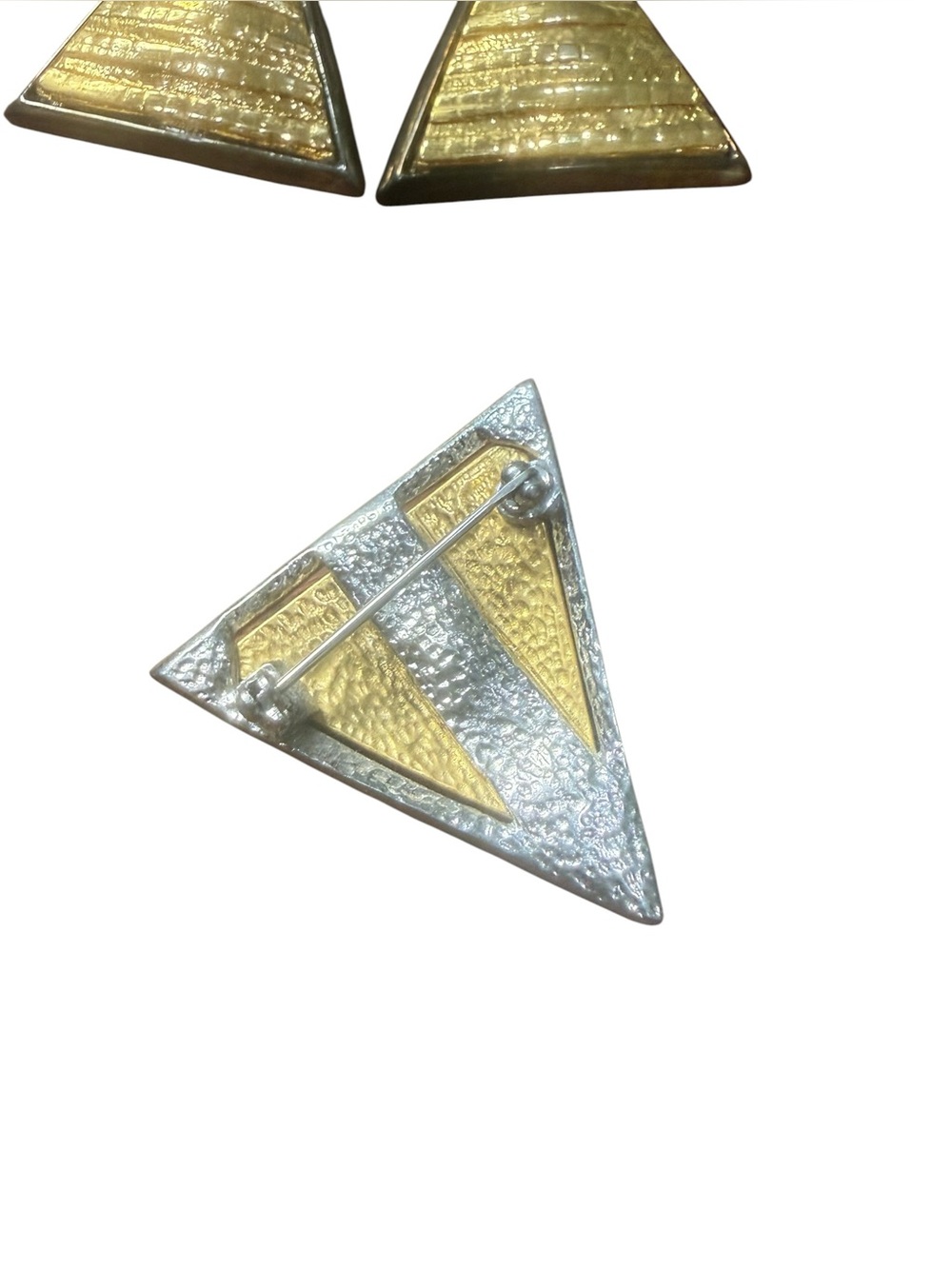 Vintage 1980s Art Deco Revival Triangle Brooch & Clip Earrings Gold Silver - Picture 5 of 6